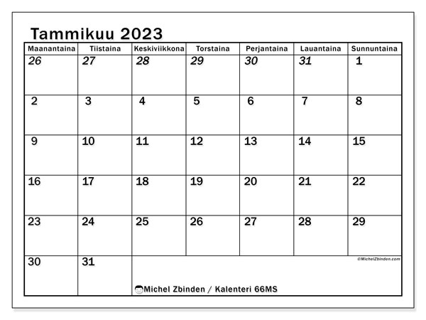 Tulostettava kalenteri, tammikuu 2023, 501MS
