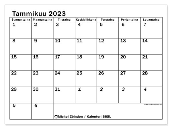 Tulostettava kalenteri, tammikuu 2023, 501SL