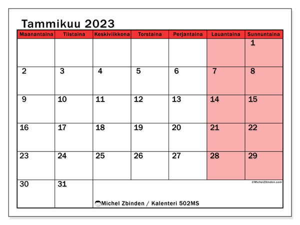 Tulostettava kalenteri, tammikuu 2023, 502MS