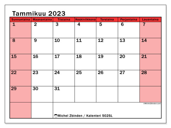 Tulostettava kalenteri, tammikuu 2023, 502SL