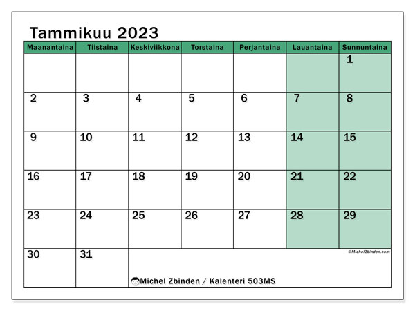 Kalenteri 503MS, tammikuu 2023, painatusta varten, maksutta. Ilmainen tulostettava päiväohjelma