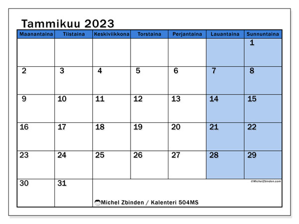 Kalenteri tammikuu 2023, 504MS. Ilmainen tulostettava kalenteri.