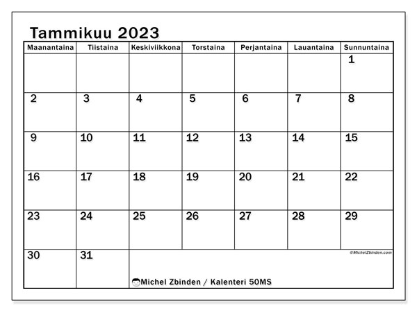 50MS, kalenteri tammikuu 2023, tulostettavaksi, ilmainen.
