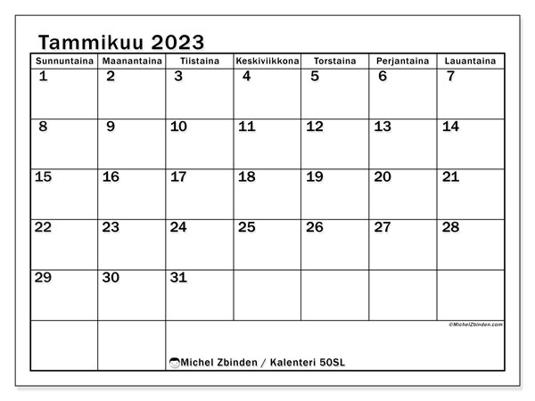 Tulostettava kalenteri, tammikuu 2023, 50SL