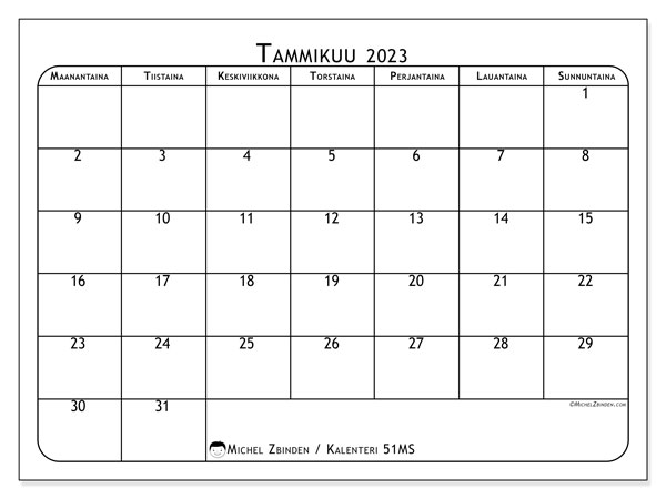 Kalenteri 51MS, tammikuu 2023, painatusta varten, maksutta. Ilmainen tulostettava aikataulu