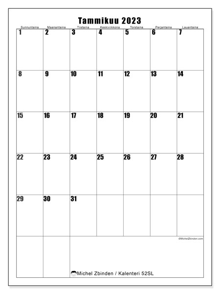 Tulostettava kalenteri, tammikuu 2023, 52SL