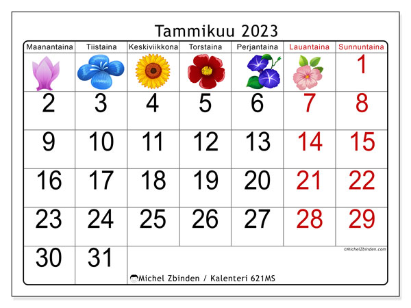 Kalenteri tammikuu 2023, 621MS. Ilmainen tulostettava kalenteri.