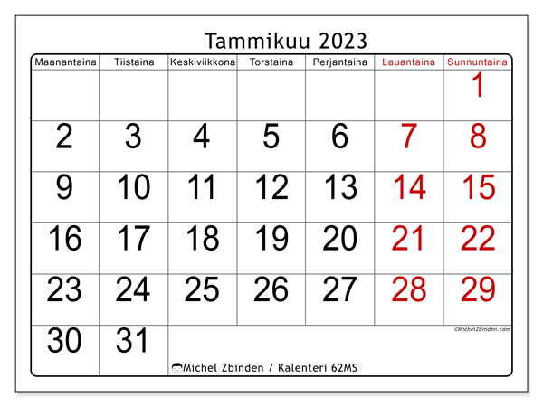 Kalenteri tammikuu 2023, 62MS. Ilmainen tulostettava kalenteri.