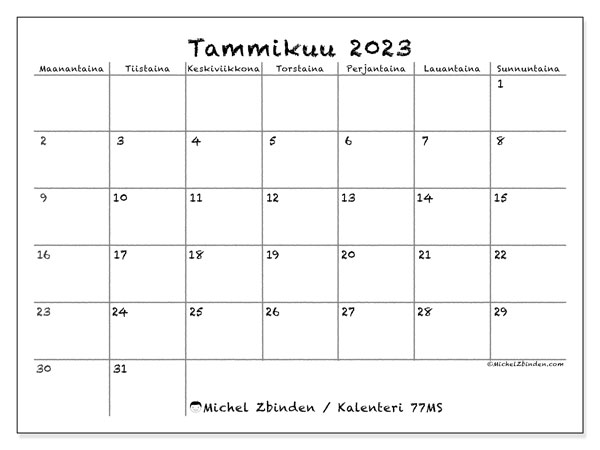 Kalenteri tammikuu 2023, 77MS. Ilmainen tulostettava kalenteri.