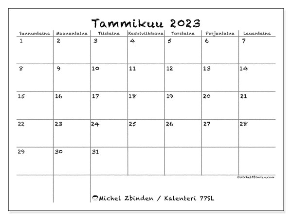 Tulostettava kalenteri, tammikuu 2023, 77SL