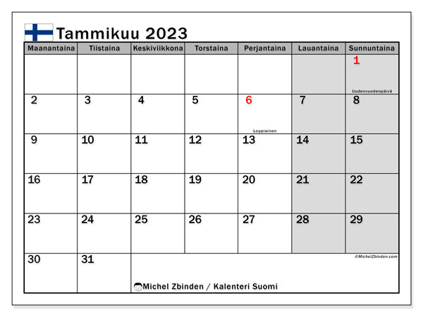 Tulostettava kalenteri, tammikuu 2023, Suomi
