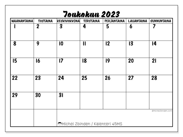 Kalenteri toukokuu 2023, 45MS. Ilmainen tulostettava lehti.