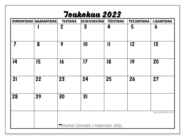 Tulostettava kalenteri, toukokuu 2023, 45SL