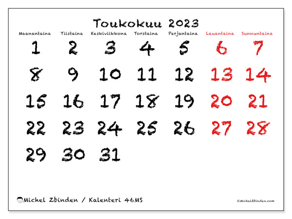 Tulostettava kalenteri, toukokuu 2023, 46MS