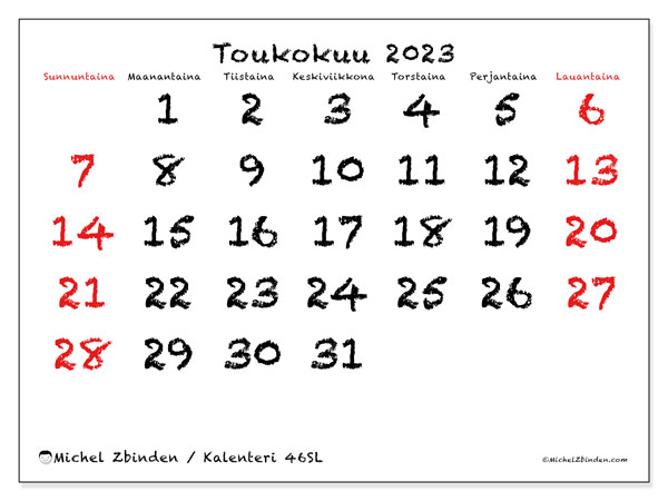 Tulostettava kalenteri, toukokuu 2023, 46SL