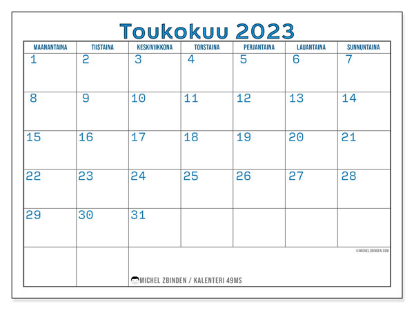 Tulostettava kalenteri, toukokuu 2023, 49MS