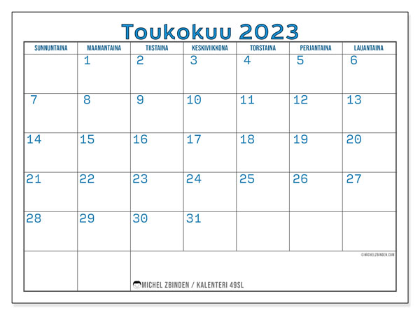 Tulostettava kalenteri, toukokuu 2023, 49SL