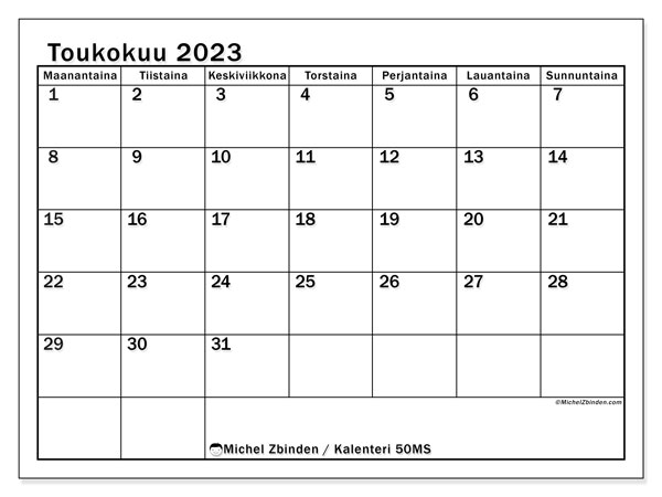 Tulostettava kalenteri, toukokuu 2023, 50MS