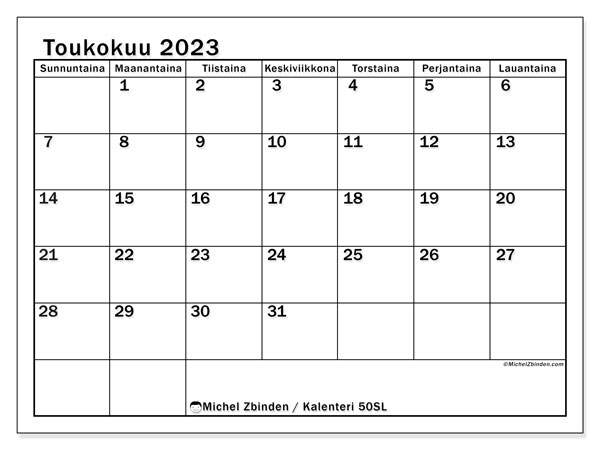 Tulostettava kalenteri, toukokuu 2023, 50SL
