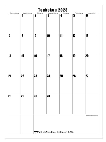 Tulostettava kalenteri, toukokuu 2023, 52SL
