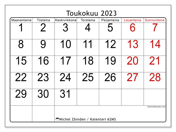 Tulostettava kalenteri, toukokuu 2023, 62MS