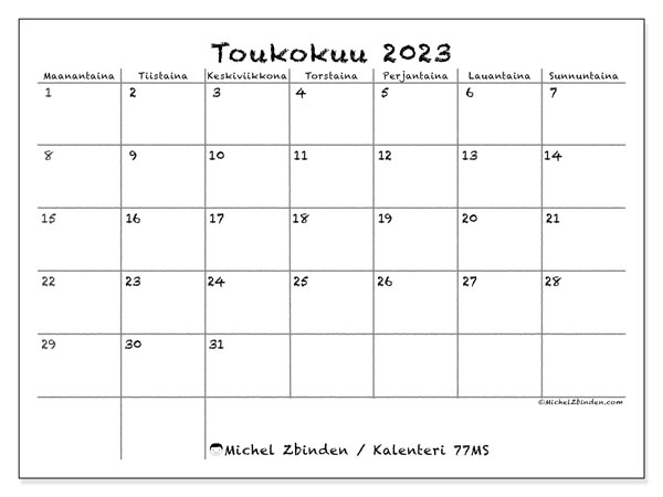 Kalenteri toukokuu 2023, 77MS. Ilmainen tulostettava lehti.