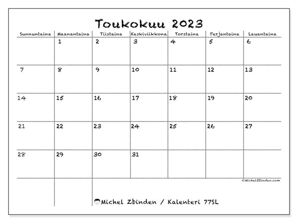 Tulostettava kalenteri, toukokuu 2023, 77SL