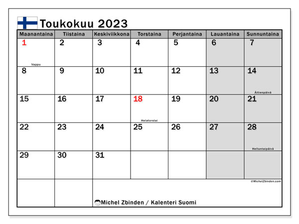 Kalender mei 2023, Finland (FI). Gratis printbaar schema.