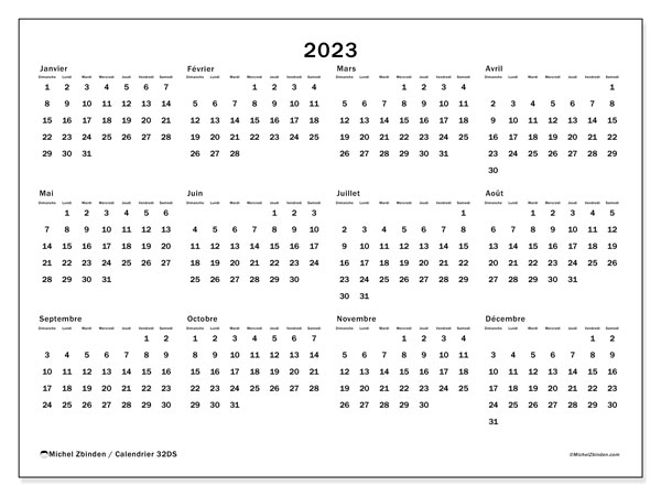 Calendrier 2023 à imprimer. Calendrier annuel “32DS” et cédule imprimable gratuite