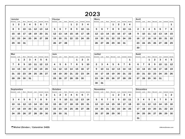 Calendrier annuel 2023 “34”. Calendrier à imprimer gratuit.