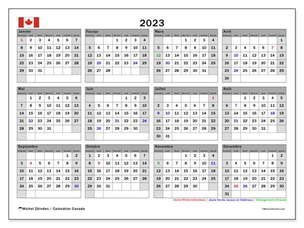 Kalender 2023, Kanada (FR). Gratis karta som kan skrivas ut.