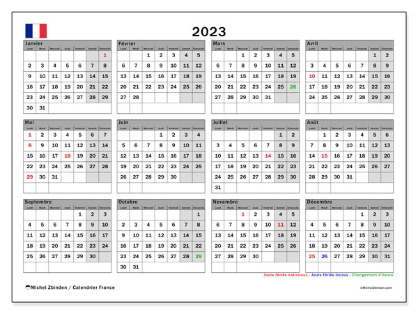 Calendrier annuels 2023, France (FR), prêt à imprimer et gratuit.