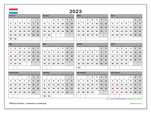 Kalender 2023, Luxemburg (FR). Gratis kalender som kan skrivas ut.