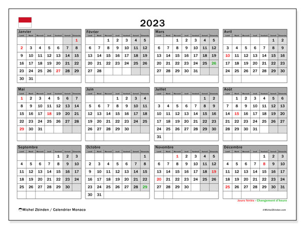 Calendrier annuels 2023, Monaco, prêt à imprimer et gratuit.