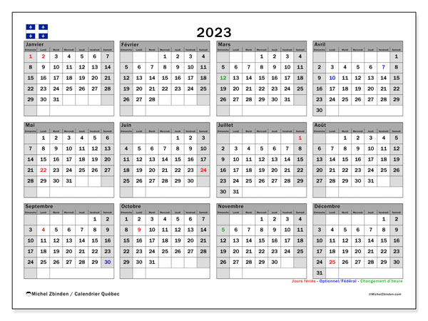 Calendrier annuels 2023, Québec, prêt à imprimer et gratuit.