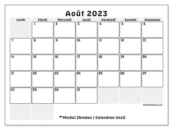 44LD, calendrier août 2023, pour imprimer, gratuit.