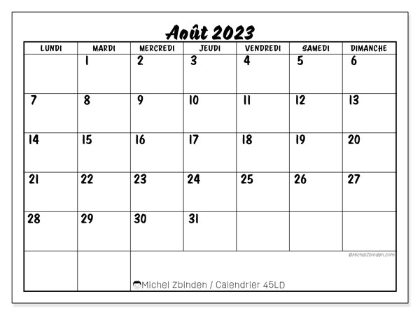 45LD, calendrier août 2023, pour imprimer, gratuit.