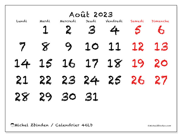 46LD, calendrier août 2023, pour imprimer, gratuit.