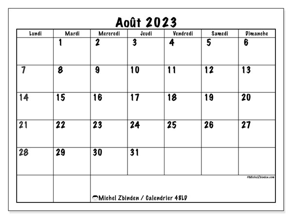 48LD, calendrier août 2023, pour imprimer, gratuit.