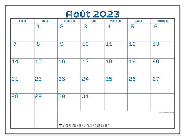 49LD, calendrier août 2023, pour imprimer, gratuit.