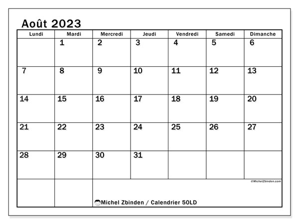 50LD, calendrier août 2023, pour imprimer, gratuit.