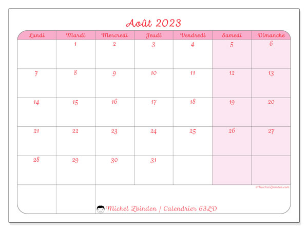 Calendrier août 2023 à imprimer “63LD”, planning gratuit à imprimer, style unique en rose, à l’écriture délicate et charmante.