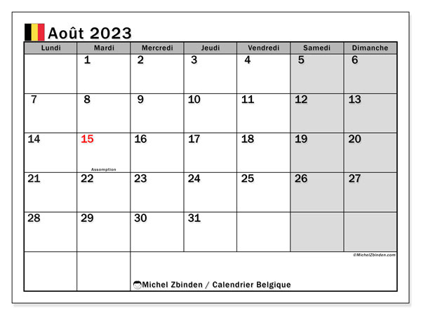 Kalenteri elokuu 2023, Belgia (FR). Ilmainen tulostettava ohjelma.