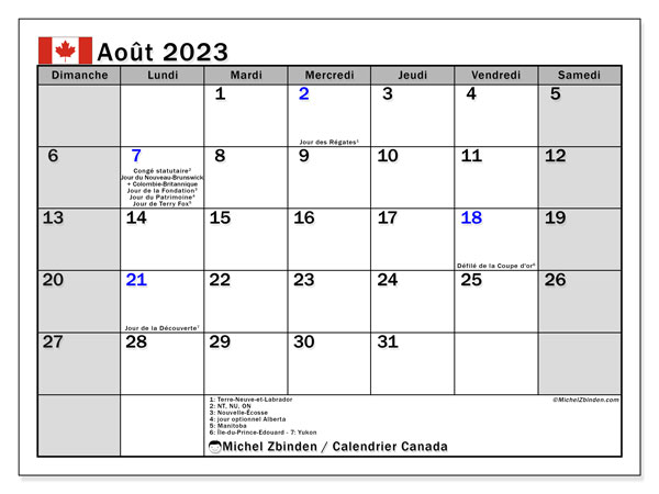 Kalenteri elokuu 2023, Kanada (FR). Ilmainen tulostettava ohjelma.
