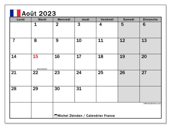 Calendar August 2023, France (FR). Free printable program.