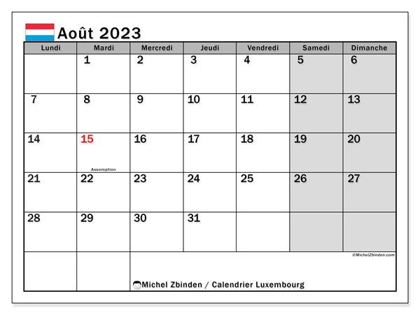 Calendrier août 2023, Luxembourg, prêt à imprimer et gratuit.
