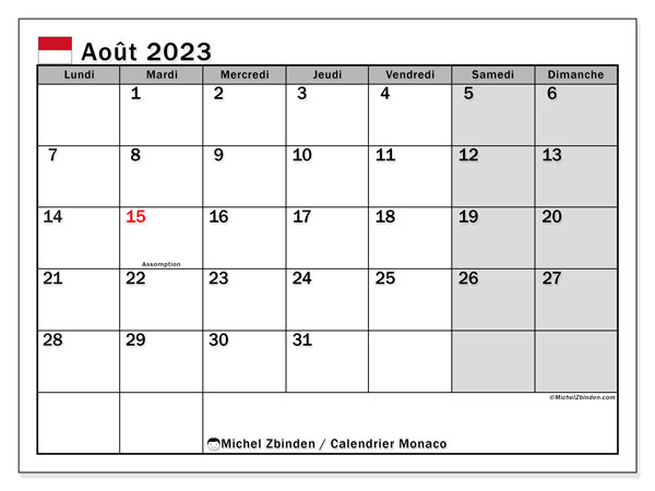 Calendrier août 2023, Monaco (FR), prêt à imprimer et gratuit.