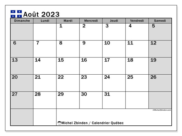 Calendario agosto 2023, Quebec (FR). Programa para imprimir gratis.