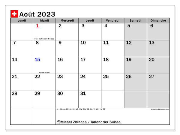 Suisse, calendrier août 2023, pour imprimer, gratuit.
