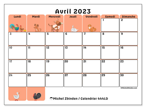 Calendrier avril 2023 “444”. Calendrier à imprimer gratuit.